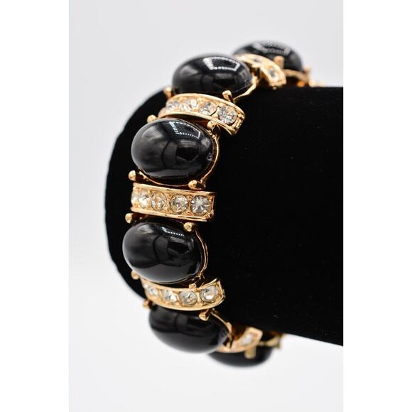 Stretchy Bracelet Black Cabochon Rhinestone Crystal Gold Tone Shiny Bin6 - Picture 2 of 12